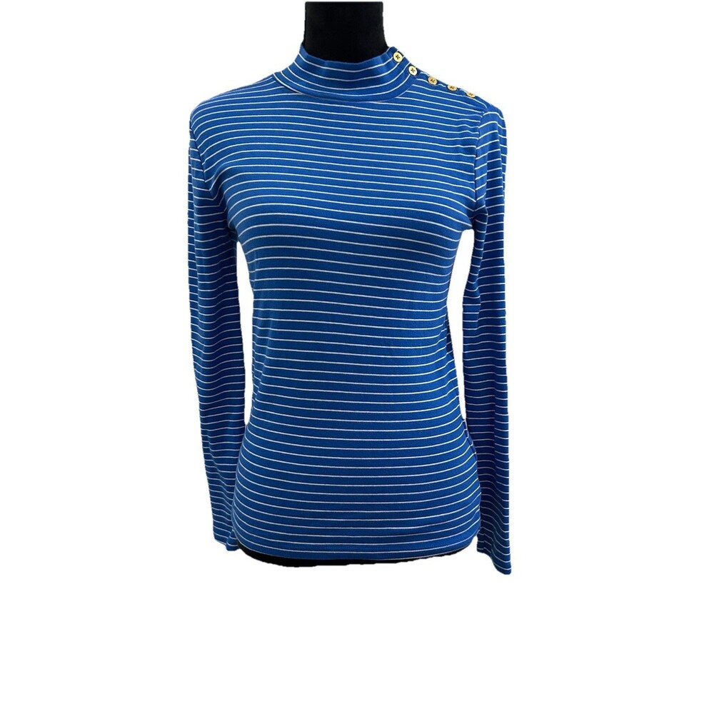 J. Crew Womens S Top Mockneck Blue White Striped Long Sleeve 100% Cotton